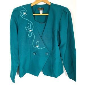 80s Vintage Teal Long Sleeve Blouse with Shoulder Pads and Floral Detail